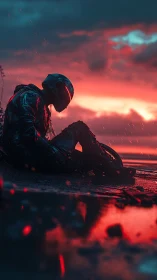Rain-drenched rider pauses as neon twilight swallows the shore