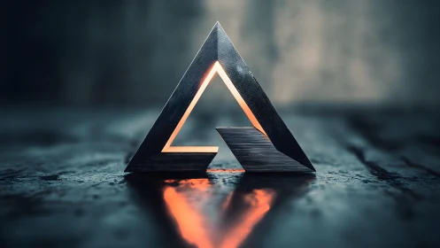 Futuristic metallic triangle sculpture with glowing orange light.