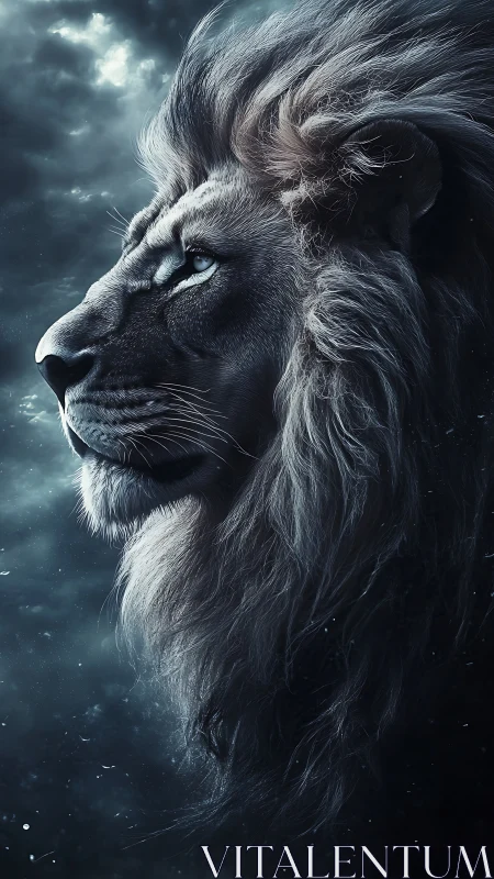 Majestic lion profile in stormlit cyan monochrome portrait.