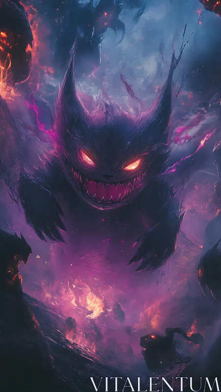 Digital painting of a demonic spectral cat in molten nebula storm.