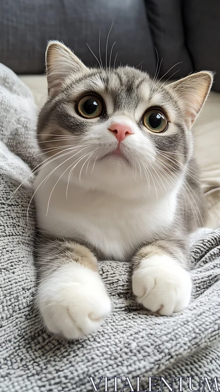 Gray and White Cat with Golden Eyes on Gray Blanket
