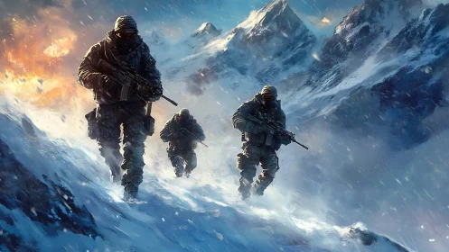 Armed soldiers advancing through harsh snowy mountains.