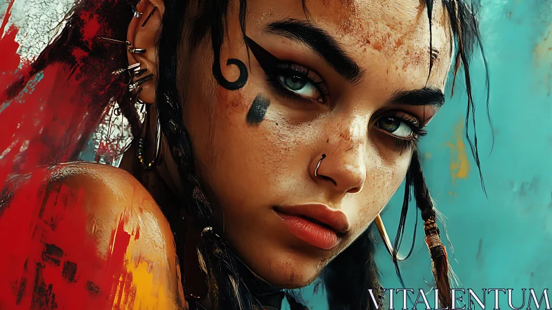 Hyperreal portrait of defiant cyberpunk girl with warpaint.