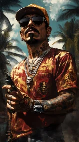 Tattooed man with firearm in tropical palm landscape.