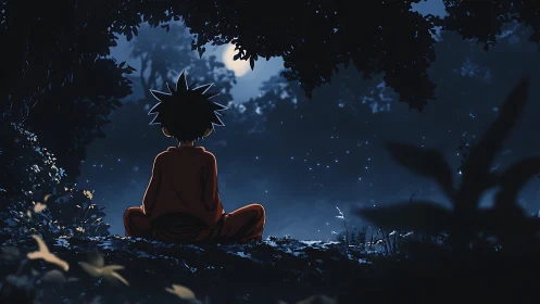 Anime child meditating under moonlit forest canopy at night.