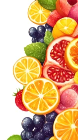 Vibrant citrus and berries illustration on white backdrop.