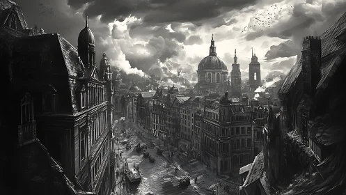 Storm-brooding steampunk metropolis beneath cathedral domes.