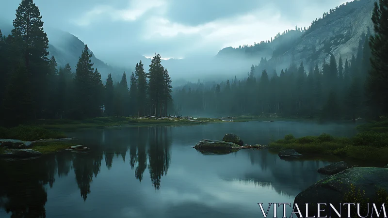 Nocturnal alpine basin with mist-layered conifer reflection geometry.