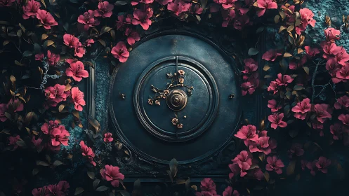 Vintage Doorbell Surrounded by Blooming Pink Flowers