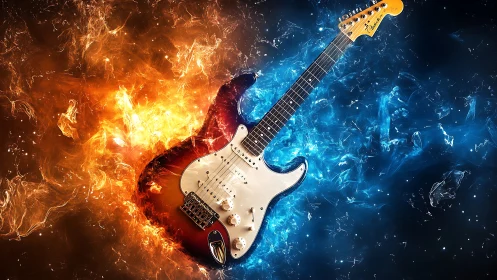 Electric guitar glowing between fire and ice energy.