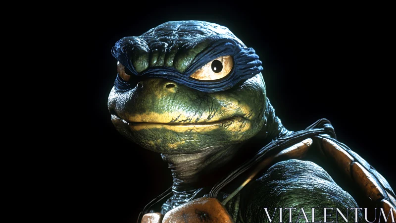 Detailed 3D closeup of blue-masked anthropomorphic turtle.