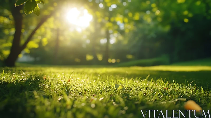 Low-angle lawn perspective captures backlit grass with shallow depth