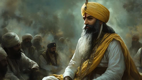 Regal turbaned leader in atmospheric gathering rendered with rich chiaroscuro