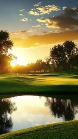 Sunlit golf course green with water hazard at sunset.