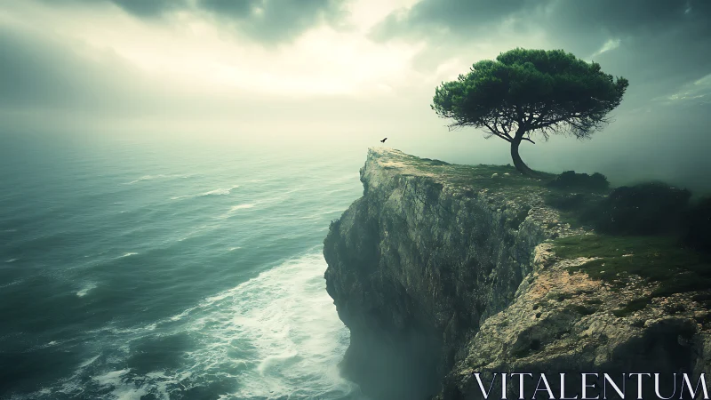 Solitary cliffside tree watching over the misty ocean edge.
