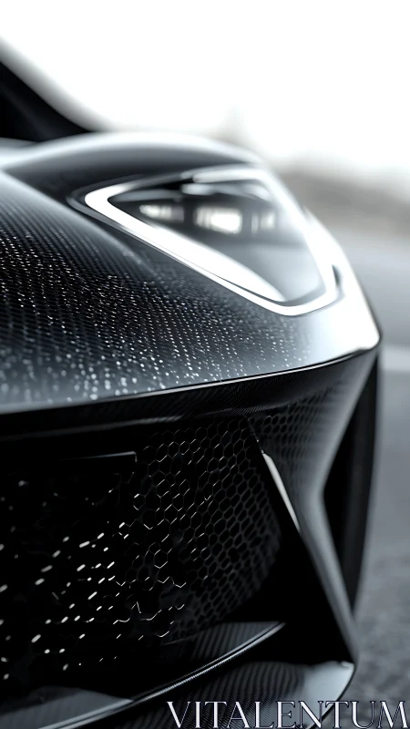 Close-up detail of sleek black sports car front end.