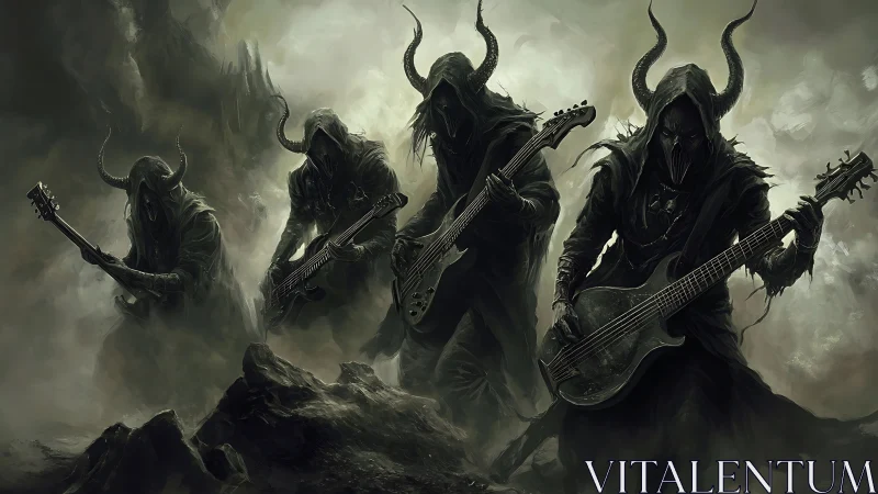 Hooded demon rock band shredding in a stormy wasteland.