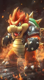 Fiery armored turtle creature in dramatic molten battleground.