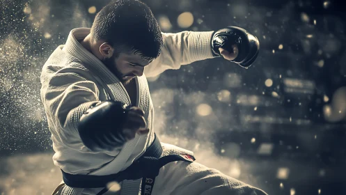 Dynamic karate fighter striking in cinematic studio light.