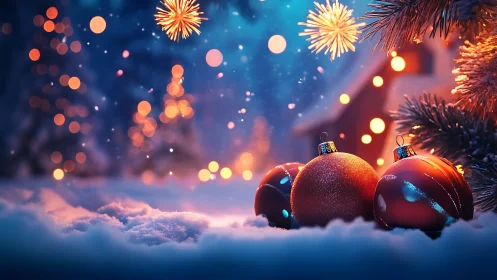 Snowlit Christmas baubles glow amid bokeh lights and fireworks