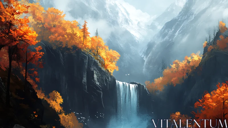 Autumn alpine gorge with central waterfall and misted snow peaks