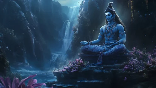 Moonlit blue yogi above whispering waterfalls in bloom.
