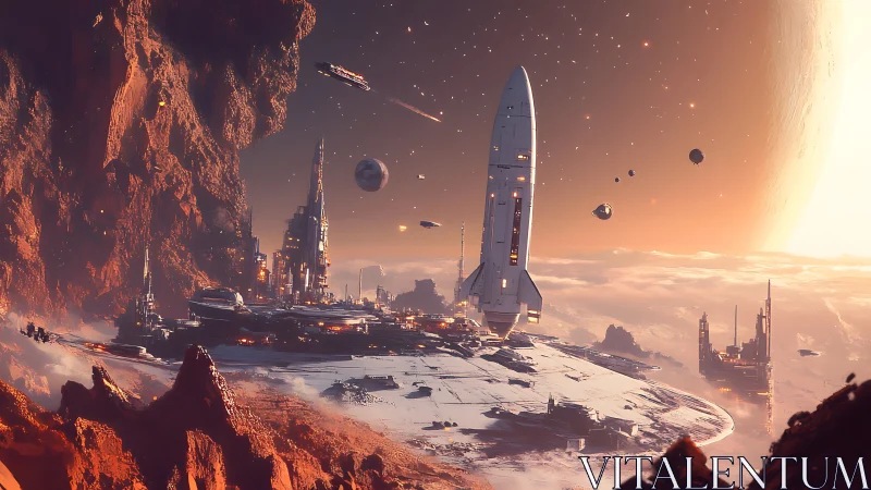 Futuristic spaceport rises above a glowing alien frontier