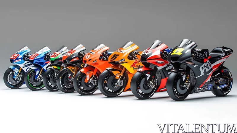 Racing superbikes stand aligned in glossy studio lighting