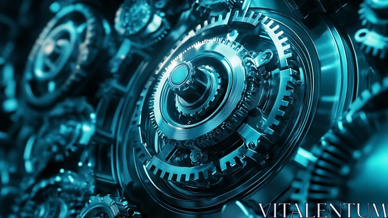 Futuristic metallic gear mechanism in teal industrial glow.