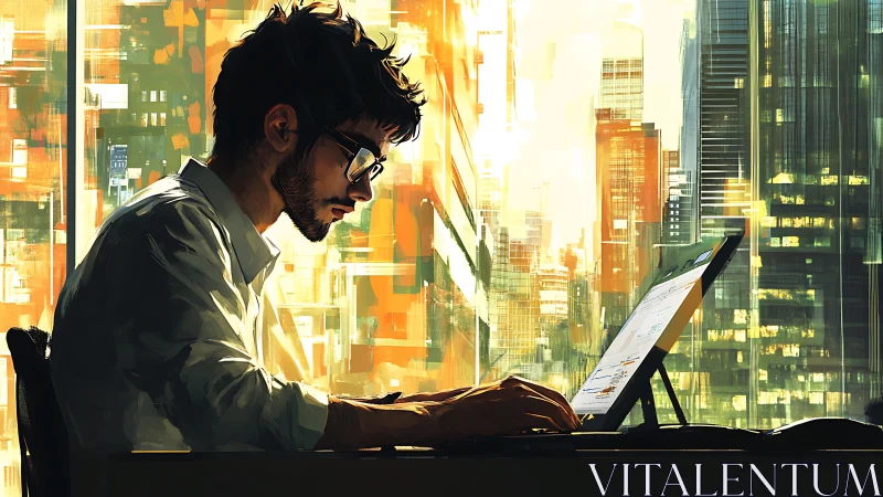 Young designer works at tablet in glowing urban sunset studio