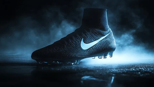 High-contrast studded football boot in volumetric fog lighting.