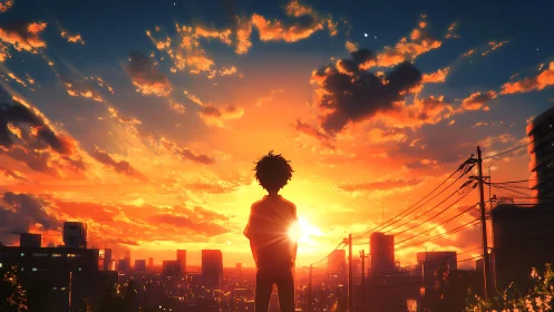 Silhouette observes urban skyline under saturated sunset sky