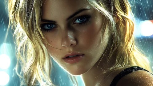 Intense blue eyed woman in rain with cinematic lighting.