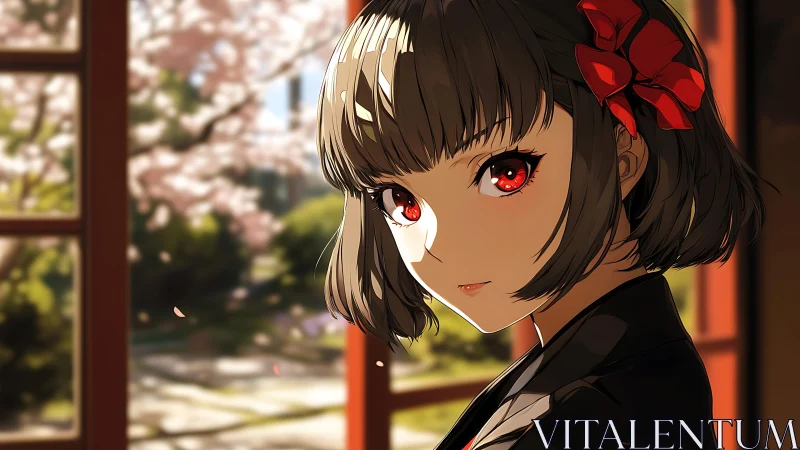 Crimson-eyed anime girl gazes softly in spring sunlight.