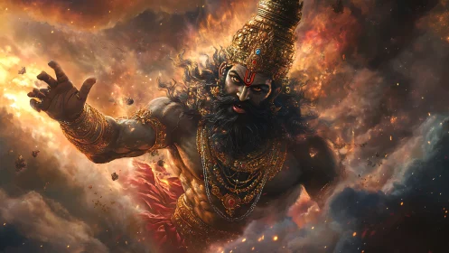 Storm crowned titan strides through ember painted cosmos.