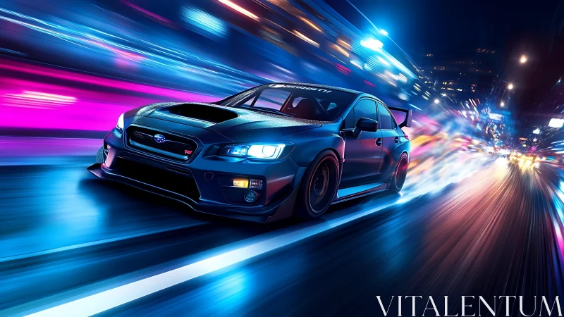 Blue Subaru performance car racing through neon city streets.