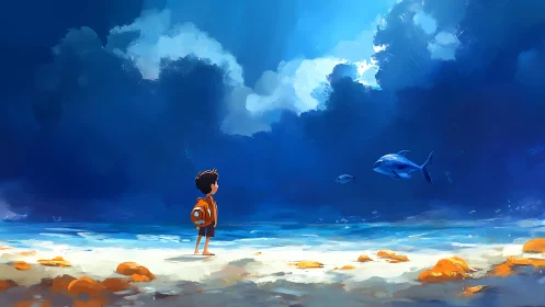 Small shore dreamer greeting a sky of wandering dolphins.