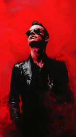 Man in sunglasses stands against intense red background