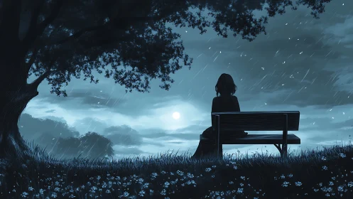 Nocturnal rain scene with silhouetted figure on park bench