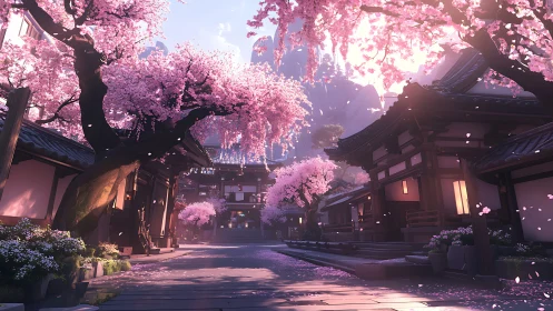 Cherry trees line a traditional courtyard under soft pink light
