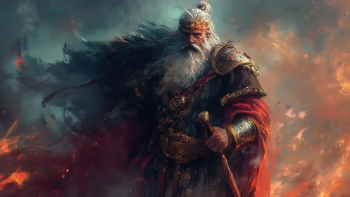Elder warrior king in ornate armor amid swirling fire and smoke.