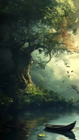 Calm forest lake with old tree and empty wooden boat.