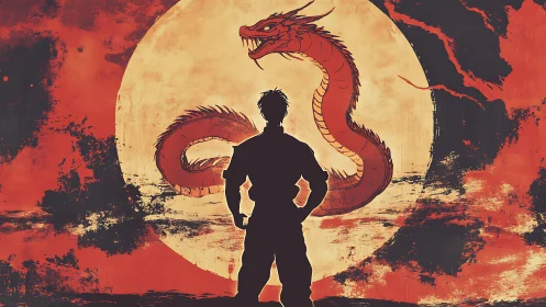 Moonlit challenger facing coiled crimson dragon spirit.