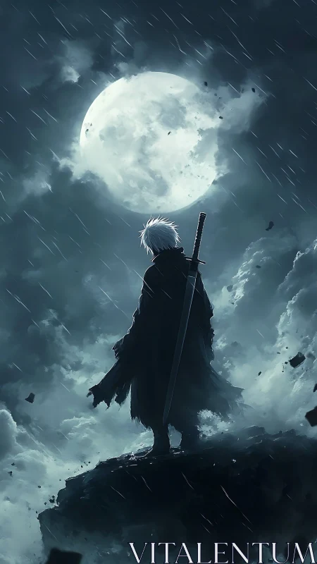 Lone white haired swordsman stands under stormy full moon.
