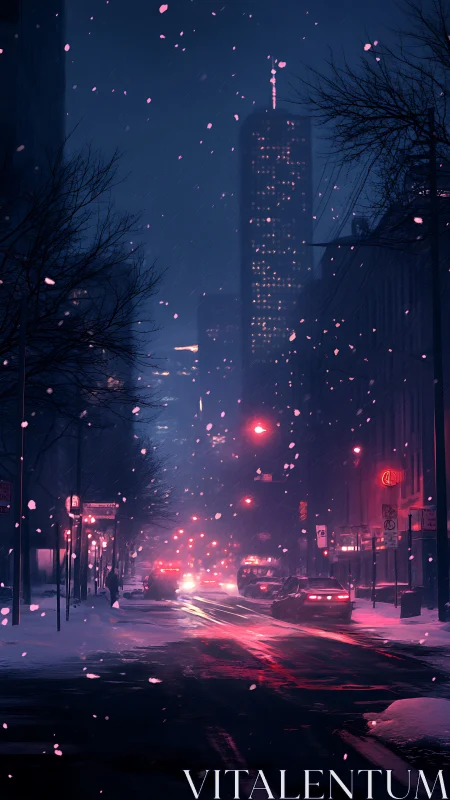 Snowy neon city street glows softly under a winter night sky