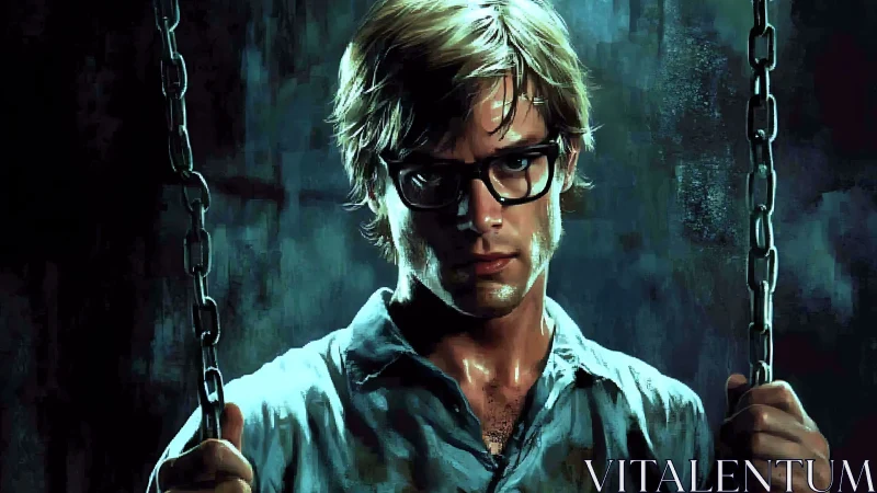 Moody portrait of bespectacled man gripping chains in low key light