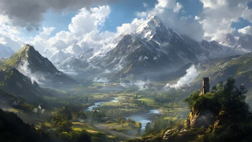 Digital landscape illustrates mountainous valley under clouds