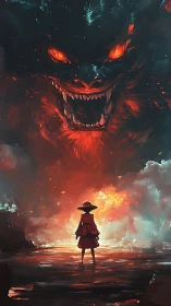 Fiery sky monster meets a lone, brave wanderer at twilight