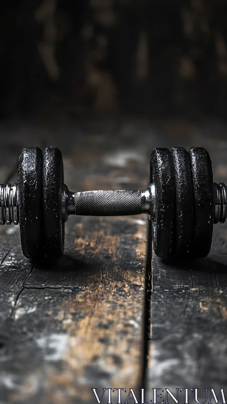 Lone iron dumbbell resting on scarred wooden training altar.