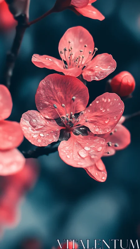 Coral blossoms glistening with dew under moody teal light